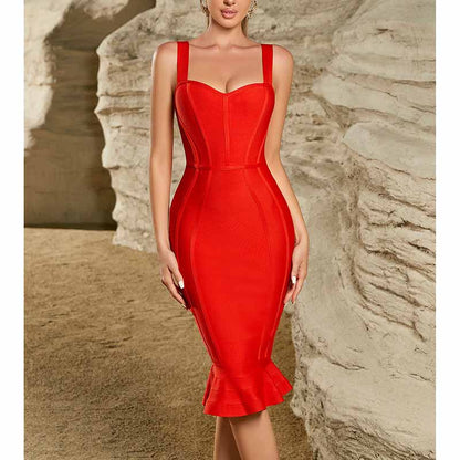Red Spaghetti Strap Dress – Bodycon Mermaid Hem Cocktail Gown for Clubwear