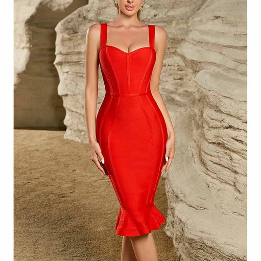 Red Spaghetti Strap Dress – Bodycon Mermaid Hem Cocktail Gown for Clubwear