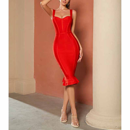 Red Spaghetti Strap Dress – Bodycon Mermaid Hem Cocktail Gown for Clubwear
