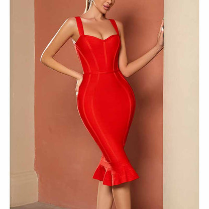 Red Spaghetti Strap Dress – Bodycon Mermaid Hem Cocktail Gown for Clubwear