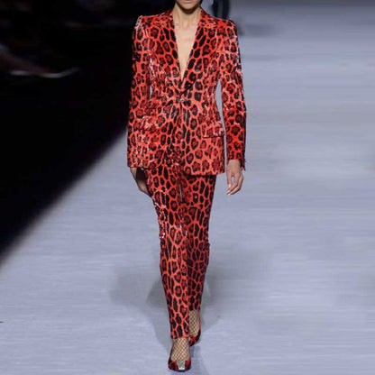 Women's Animal Print Velvet Pantsuit | Slim Fit Blazer & Trousers Set