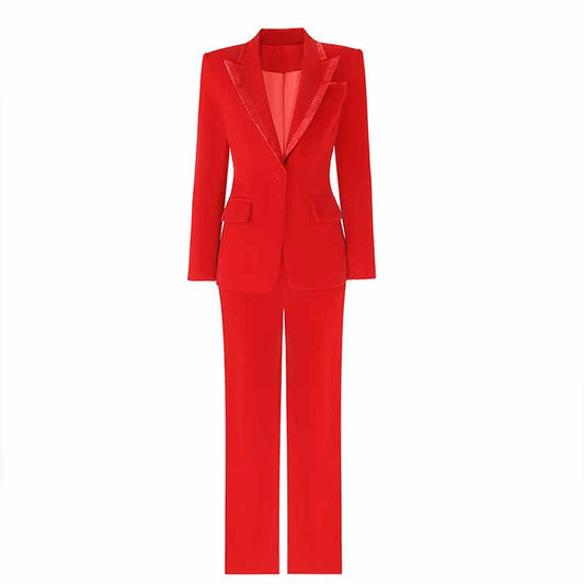 Women's Red Single-Breasted Blazer & Pant Suit | 2-Piece Set