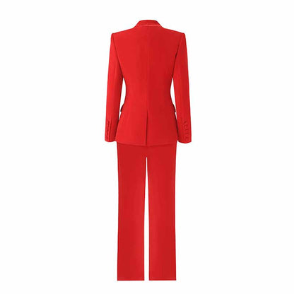 Women's Red Single-Breasted Blazer & Pant Suit | 2-Piece Set