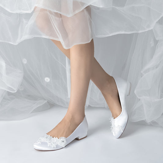 Flat Satin Bridal Shoes With Flower Appliques