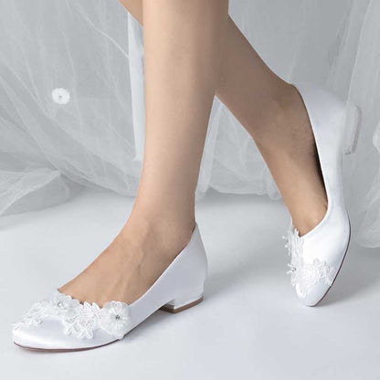 Flat Satin Bridal Shoes With Flower Appliques