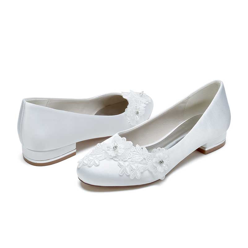 Flat Satin Bridal Shoes With Flower Appliques