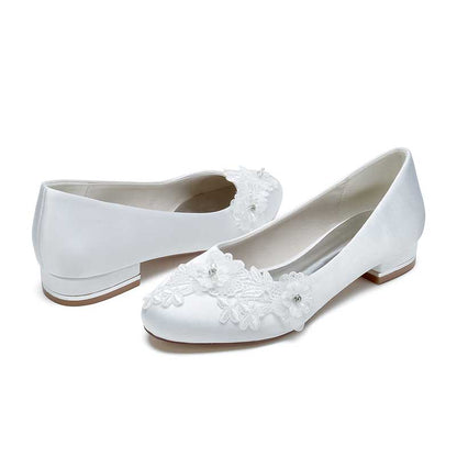 Flat Satin Bridal Shoes With Flower Appliques
