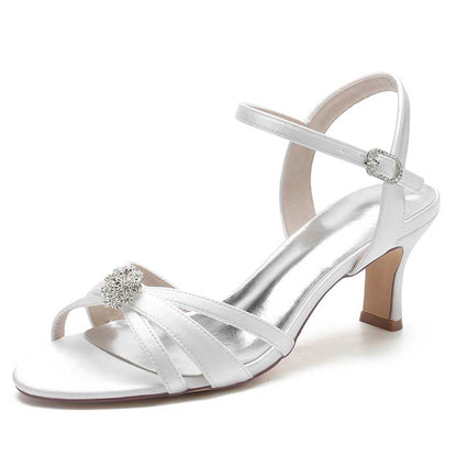 Women's Ankle Straps Sandals Satin Low Heels Beaded Dress Shoes