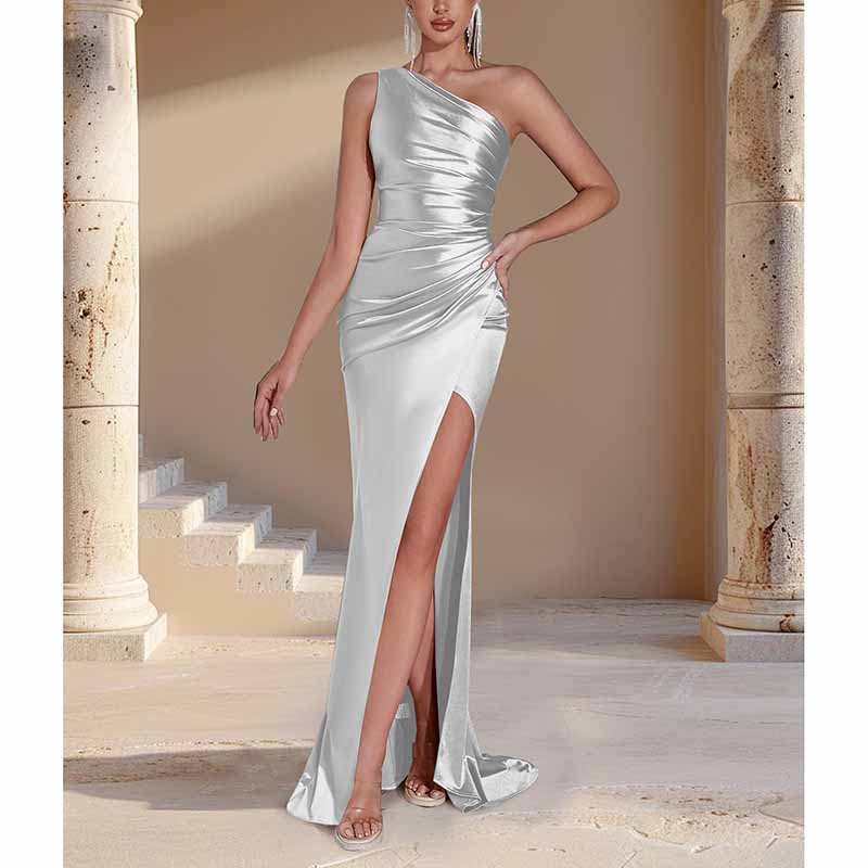 One Shoulder Satin Split Long Prom Dresses
