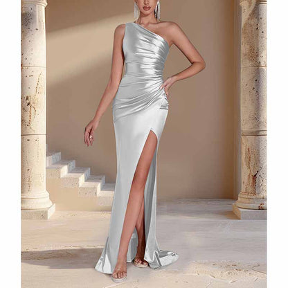 One Shoulder Satin Split Long Prom Dresses