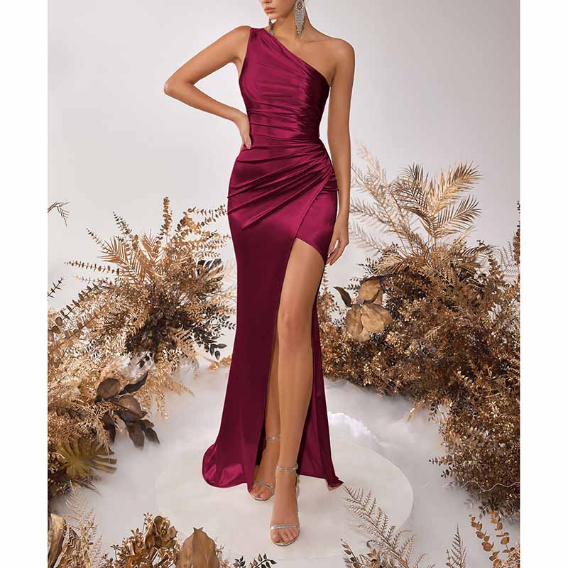 One Shoulder Satin Split Long Prom Dresses