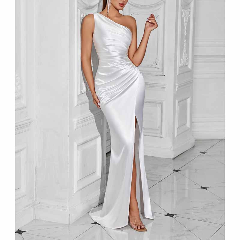 One Shoulder Satin Split Long Prom Dresses