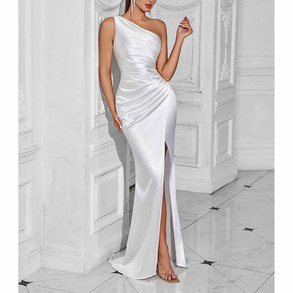 One Shoulder Satin Split Long Prom Dresses
