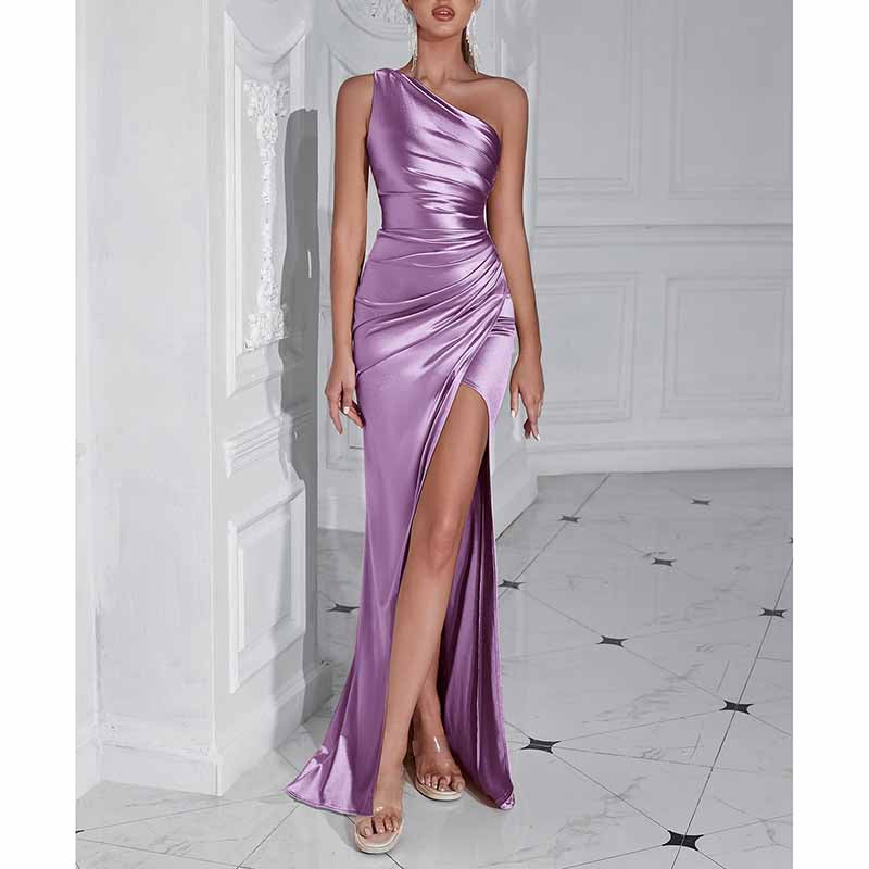 One Shoulder Satin Split Long Prom Dresses