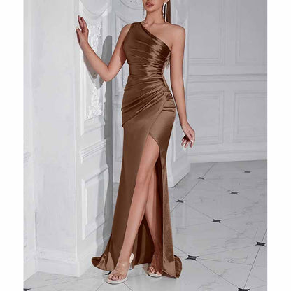 One Shoulder Satin Split Long Prom Dresses