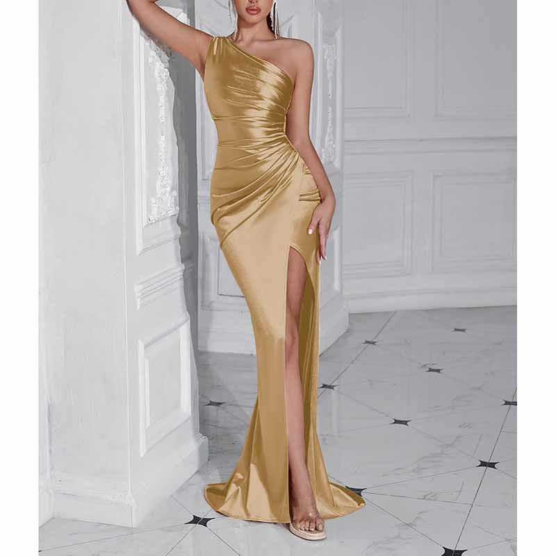 One Shoulder Satin Split Long Prom Dresses