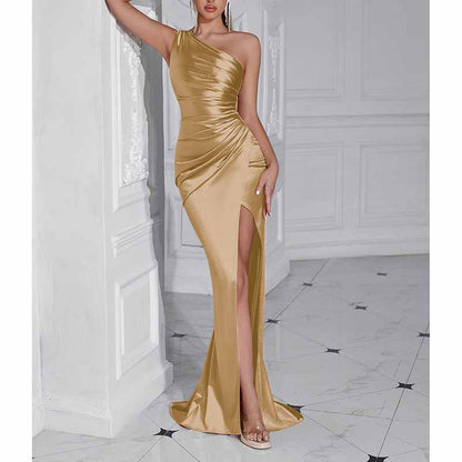 One Shoulder Satin Split Long Prom Dresses