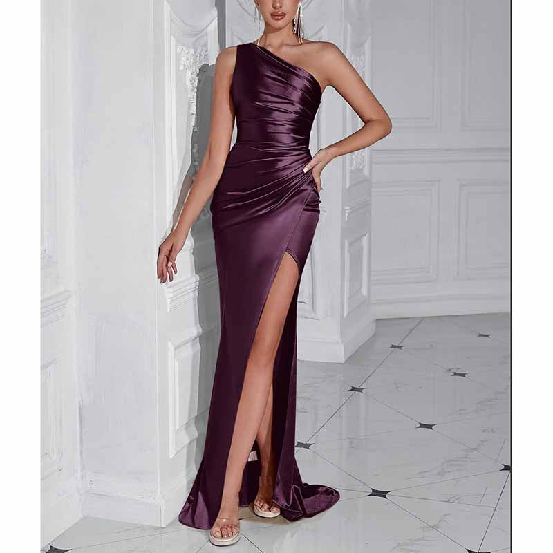 One Shoulder Satin Split Long Prom Dresses