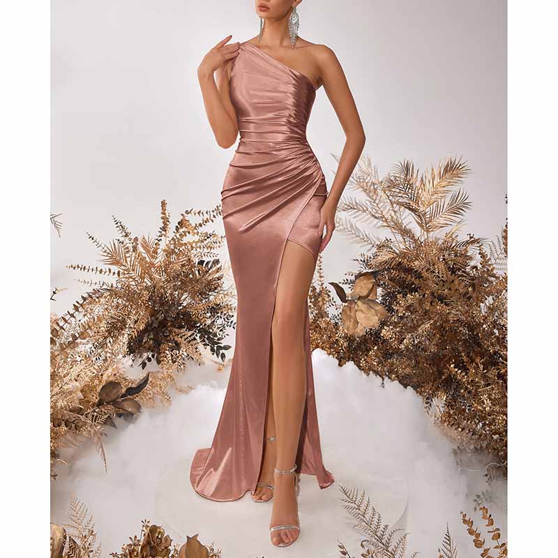 One Shoulder Satin Split Long Prom Dresses