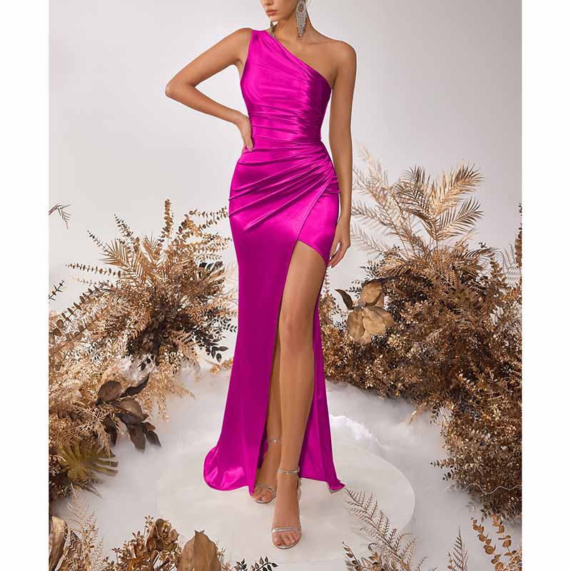 One Shoulder Satin Split Long Prom Dresses