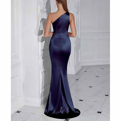 One Shoulder Satin Split Long Prom Dresses