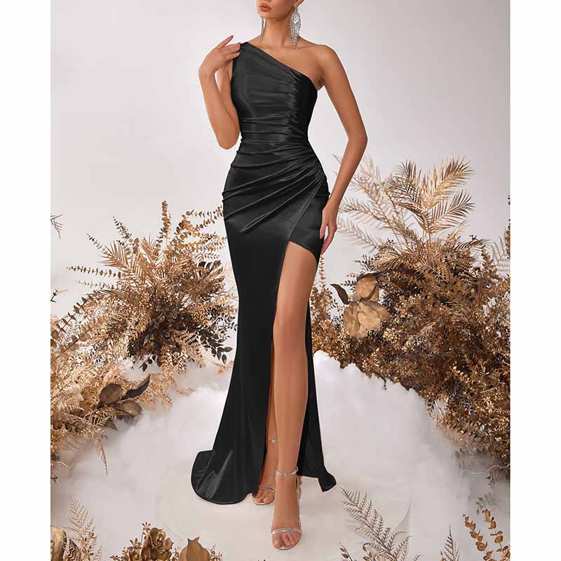 One Shoulder Satin Split Long Prom Dresses