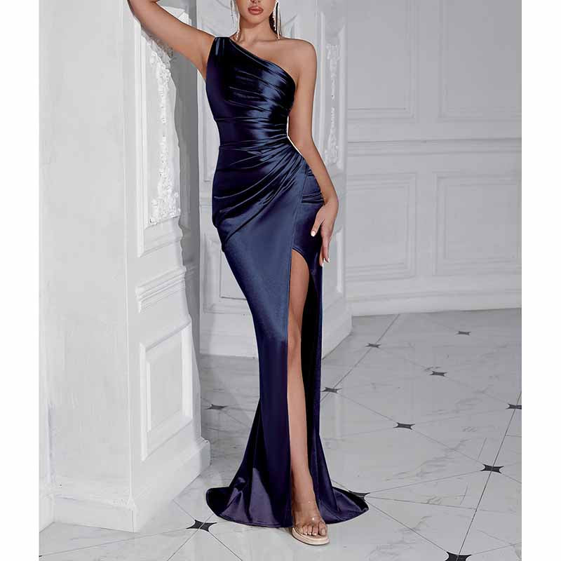 One Shoulder Satin Split Long Prom Dresses