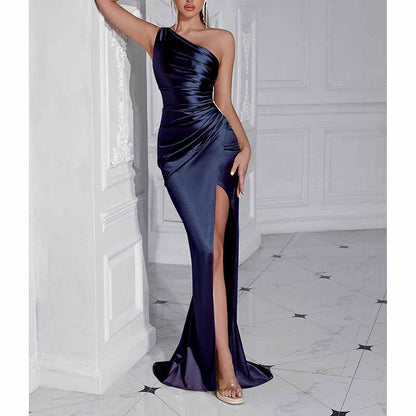 One Shoulder Satin Split Long Prom Dresses