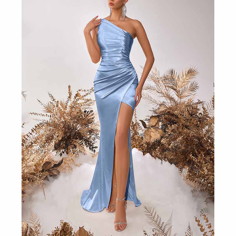 One Shoulder Satin Split Long Prom Dresses