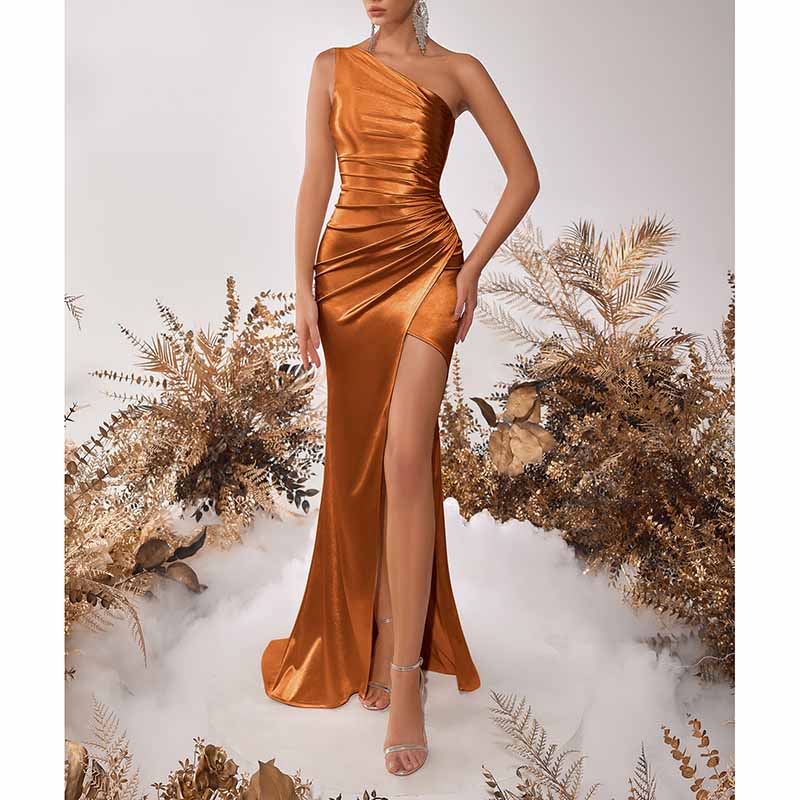 One Shoulder Satin Split Long Prom Dresses