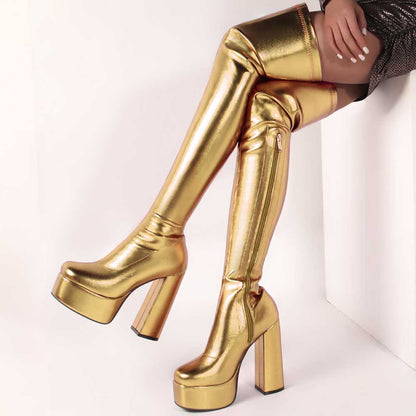 Shiny faux leather boots women in metallic gold over-the-knee platform heels with side zipper