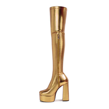 Gold shiny faux leather boots women with platform heel and side zipper