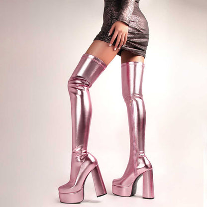 Shiny faux leather boots women thigh high platform heels in metallic pink
