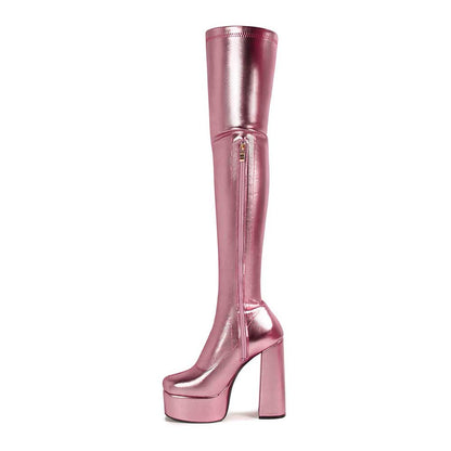 Shiny faux leather boots women in metallic pink over-the-knee platform heel design