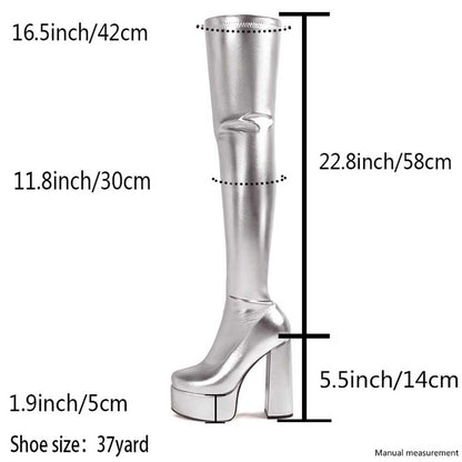 Shiny faux leather boots women with platform heel and thigh-high design in silver size 37