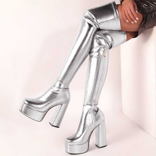 Silver shiny faux leather boots women with high platform heels and side zipper
