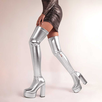 Shiny faux leather boots women in silver thigh-high design with block heels and platform soles