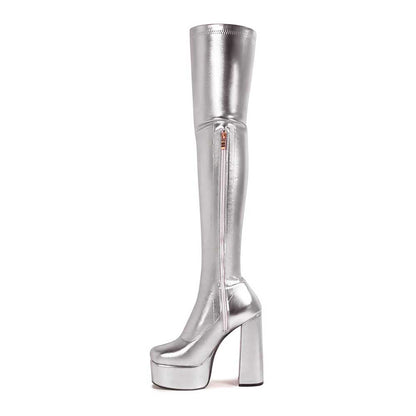 Silver shiny faux leather boots women with platform heels and side zipper closure