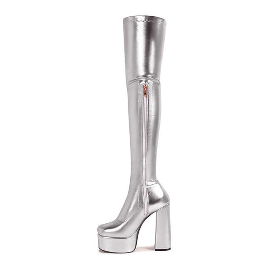 Silver shiny faux leather boots women with platform heels and side zipper closure