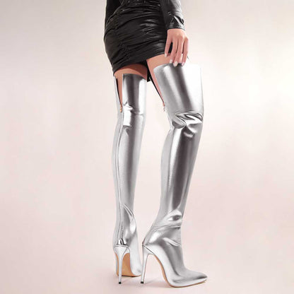 Shiny leather high heel over the knee boots for women in metallic silver worn with a black mini skirt