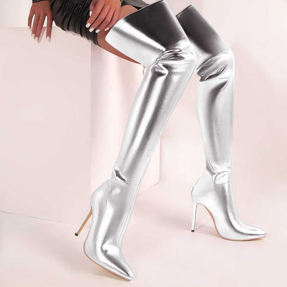 Shiny leather high heel over the knee boots for women in metallic silver with pointed toes and slim heels