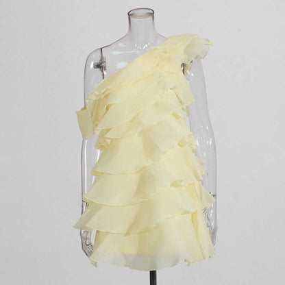 Single Shoulder Mini Ruffles Dress