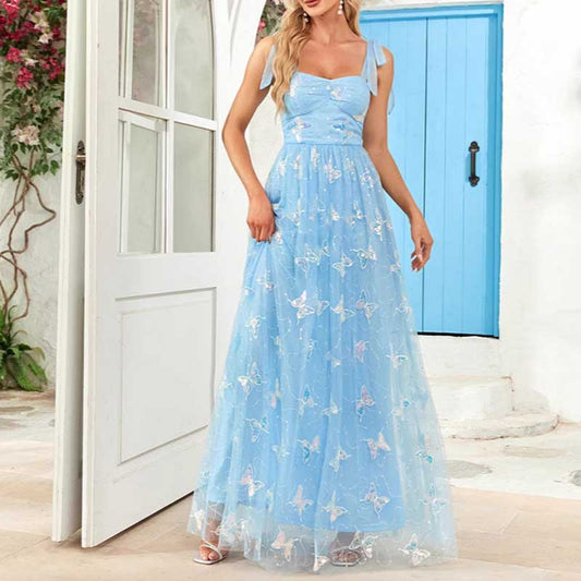 Sky Blue Wedding Guest Dress Square Neck Long Prom Dress Tulle Maxi Dress
