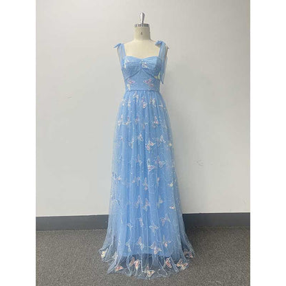 Sky Blue Wedding Guest Dress Square Neck Long Prom Dress Tulle Maxi Dress