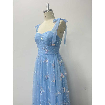 Sky Blue Wedding Guest Dress Square Neck Long Prom Dress Tulle Maxi Dress