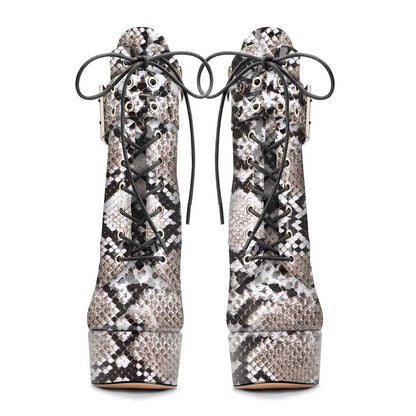 Snake print platform ankle boots with lace-up front and high block heels
