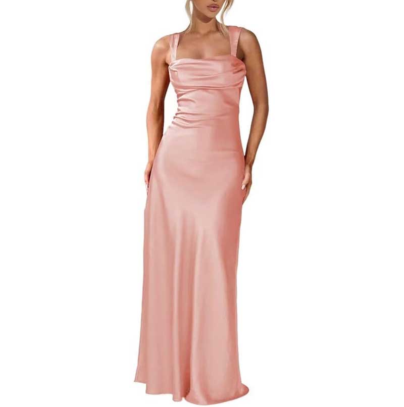 Elegant pink satin spaghetti strap bridesmaid gown with a fitted bodice and flowing skirt