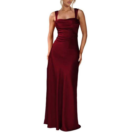 Elegant burgundy spaghetti strap bridesmaid gown with fitted bodice and floor-length skirt