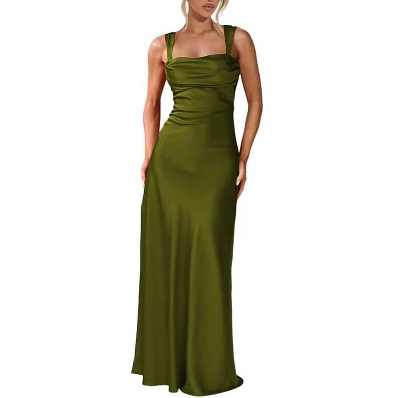Elegant olive green prom dress with wide straps and ruched bodice spaghetti strap bridesmaid gown