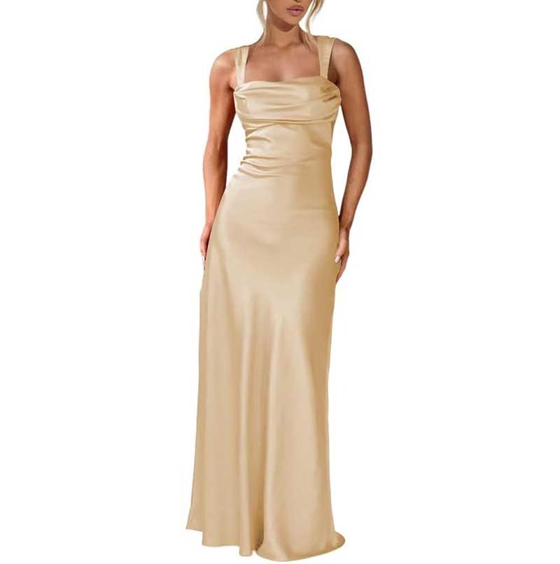 Elegant champagne satin spaghetti strap bridesmaid gown with a fitted silhouette and draped neckline